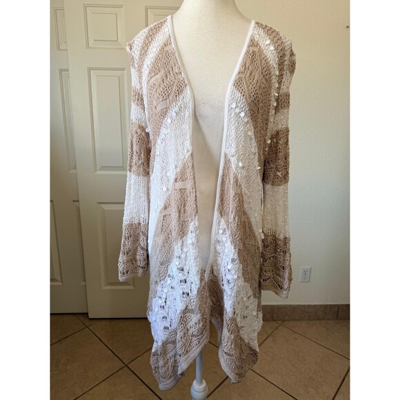 Chicos Open Knit Cardigan Size 1 M Beige White Striped Sequin Boho Coastal - Picture 2 of 12